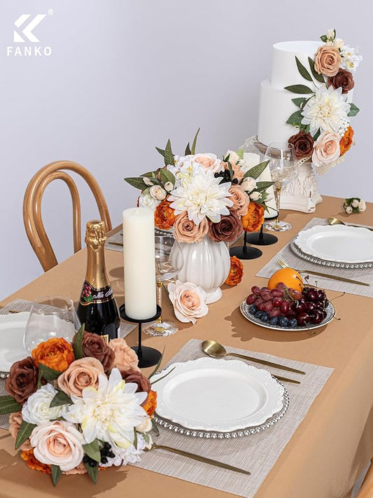 FANKO Artificial Flowers Brown Rose, Mixed Fake Silk Flowers Combo Cream White Rose White Dahlia Orange Ranunculus Vintage Style for DIY Wedding Bridal Bouquets, Home Decor