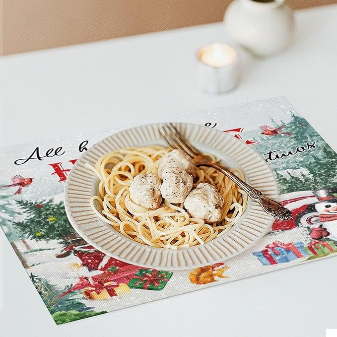 Merry Christmas Placemats Buffalo Plaid Red Truck with Christmas Tree, Winter Snowy Snowflake Snowman Placemats Table Kitchen Dining Party 12x18 Inch Set of 6