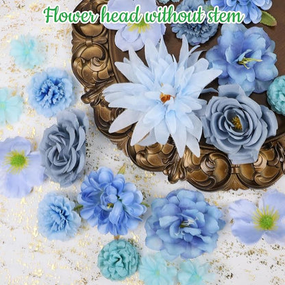 56 PCS Faux Flower Heads Combo Blue Silk Flowers Mix Peony Rose Hydrangea Fake Florals for DIY Crafts Wedding Bouquets Centerpieces Arrangements Party Bridal Baby Shower Home Decorations