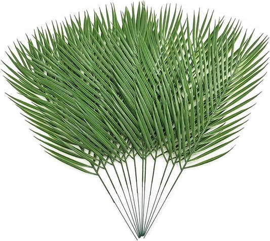 Artificial Palm Leaves Stem, Fake Tropical Palm Tree Leaf Plastic Greenery Plants Faux Areca Stems Jungle Boston Decoration for Indoor Outdoor Wedding Birthday Party Arrangement Table DIY Decor 12 Pcs