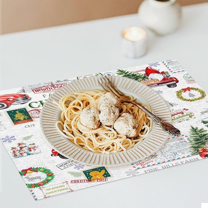 Christmas Placemats Simple Rustic Christmas Tree Red Gnome Truck Christmas Bells Gifts Wreath Snowman Greeting Card Placemats Table Kitchen Dining Party 12x18 Inch Set of 4