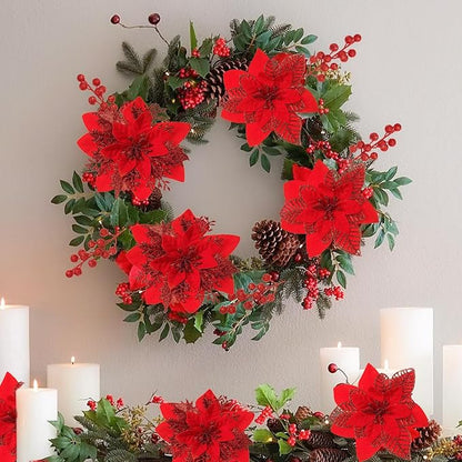 24 Pcs Red Boxed Christmas Poinsettia Flowers Set, 16 Pcs Artificial Poinsettias with Clips, 8 pcs Glitter Christmas Tree Ornaments Berry Stems for Wedding Home Holiday Xmas New Year Decorations