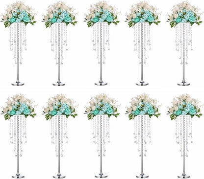 10 Pcs Tall Elegant Wedding Centerpiece Stand, Silver Metal Flower Candle Holder with Chandelier Crystal,for Wedding Party Event Birthday,Valentine's Day Home Décor，29.5in