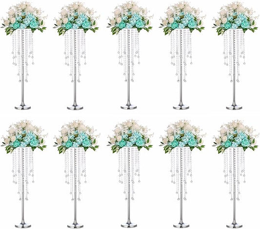 10 Pcs Tall Elegant Wedding Centerpiece Stand, Silver Metal Flower Candle Holder with Chandelier Crystal,for Wedding Party Event Birthday,Valentine's Day Home Décor，29.5in