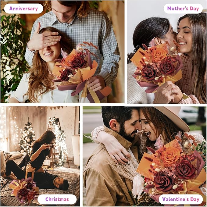 HUACHIPLUS Natural Eternal Flowers Gift: Preserved Flowers Bouquet, Anniversary, Birthday, Mom Gifts for her-Flowers for Delivery Prime-Purple Forever flower arrangement (Ancora Red)