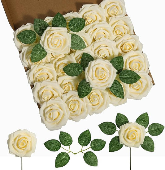 DuHouse 25Pcs Artificial Roses Flowers Fake Rose with Stems Real Touch Foam Flowers for DIY Wedding Bouquet Baby Shower Centerpiece Floral Arrangement Party Home Decor(Light Champagne)