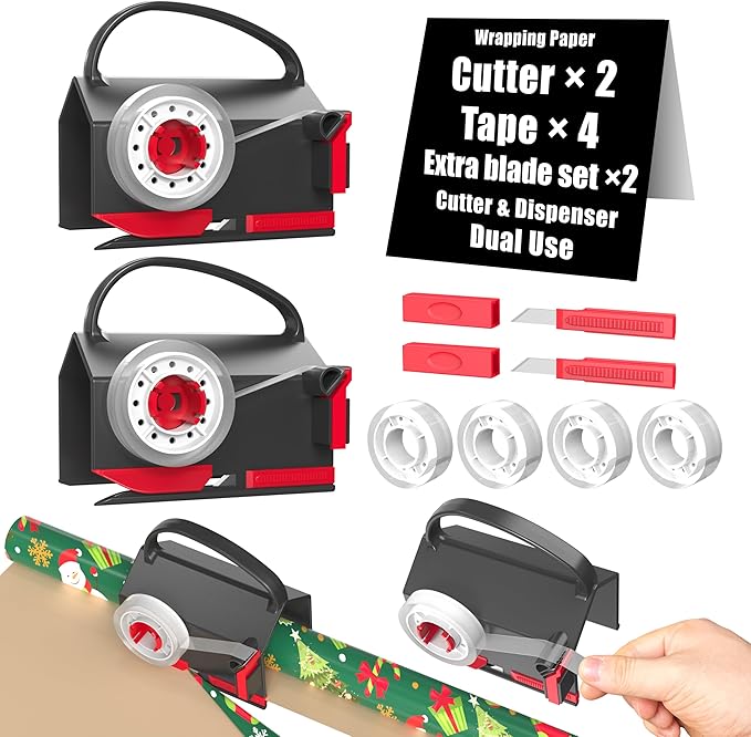 Wrapping Paper Cutter(2-Pack) & Tape Dispenser Dual Use with 4 Tapes for Christmas Gift Wrap Cutter Tool Paper Roll Holder Tube Sliding Slicing for Birthday Holiday.