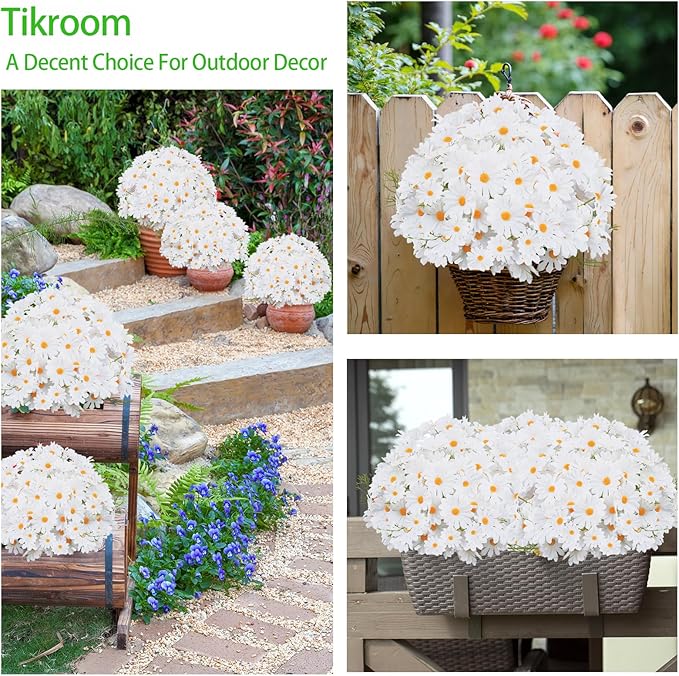 Artificial Daisy Flowers 18" White UV Resistant Outdoor Fake Flowers Faux Daisies with Stems for Home Garden Wedding Vase Decor Silk Wildflowers 8 Bundles