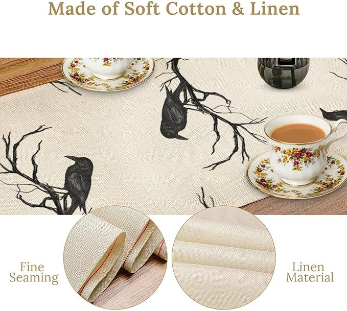 Gothic Table Runner, Black Cat Day of Death Crow Skull Halloween Witchy Retro Coffee Table Center Decor for Home Kitchen Dining Patio Holiday Party Table Decorations 13x36 inches