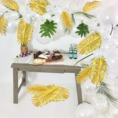CCINEE 12 PCS Golden Artificial Palm Leaves, Assorted Sizes Faux Large Palm Fronds Fake Tropical Plant Simulation Safari Leaves with Stems for Home Hawaiian Luau Party Jungle Beach Theme Party