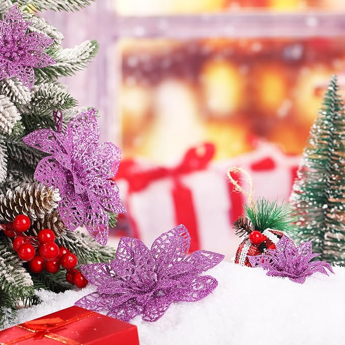 Boao Light Purple 24 Pieces Poinsettia Flower Christmas Glitter Artificial Poinsettia with Clips Christmas Tree Ornament Decorations for DIY Xmas Wreath Holiday Home Party Decor, 3/4/6 Inches