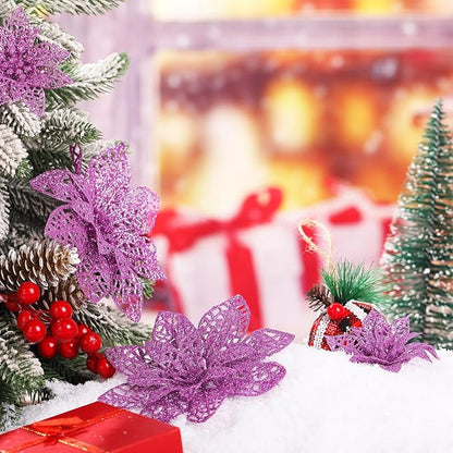 Boao Light Purple 24 Pieces Poinsettia Flower Christmas Glitter Artificial Poinsettia with Clips Christmas Tree Ornament Decorations for DIY Xmas Wreath Holiday Home Party Decor, 3/4/6 Inches