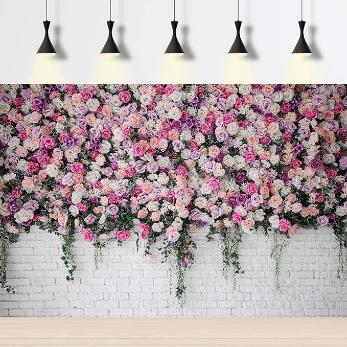 Rose Flowers Backdrop Beautiful Decorative Colorful Roses and Peonies on Brick White Wall Photography Background Interior Wedding Party Decorations Summer Flowers on Wall Building Props 20x10ft