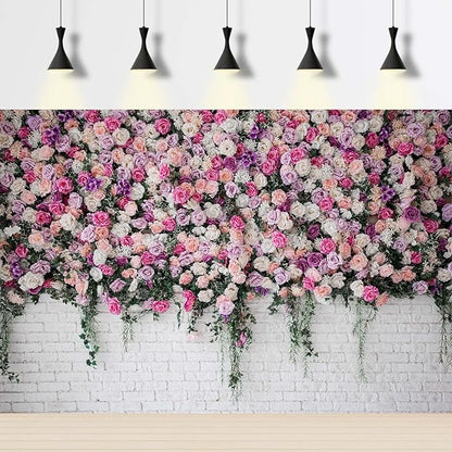 Rose Flowers Backdrop Beautiful Decorative Colorful Roses and Peonies on Brick White Wall Photography Background Interior Wedding Party Decorations Summer Flowers on Wall Building Props 20x10ft