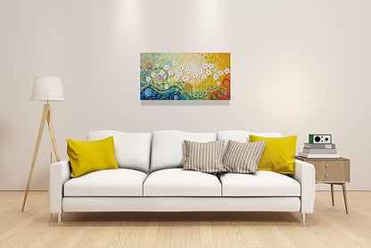 Yihui Arts Hand Painted Textured Floral Oil Painting on Canvas, Vibrant Abstract White Flower Wall Art with Colorful Swirls, Modern Home Decor for Living Room Bedroom