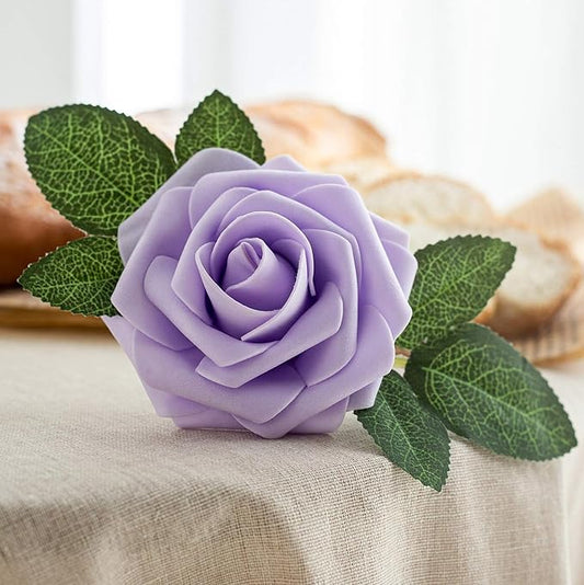 Artificial Flower Foam Rose 25pcs Real Looking Fake Rose with Stems Leaves for Home Decoration Party Garden Centerpieces DIY Wedding Bouquets（Violet）
