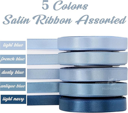 HUIHUANG Dusty Blue Ribbon 3/8 inch Satin Ribbon Assorted Dusty Blue Wedding Ribbons for Flower Bouquets Wedding Bridal Shower Decor Gift Wrapping DIY Crafts Hair Decor- 10 Yards x 5 Color