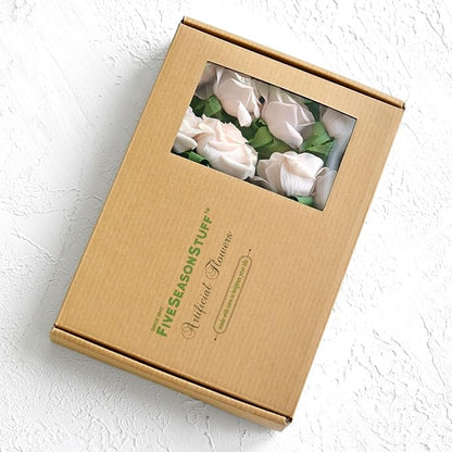 FiveSeasonStuff Fake Roses Wedding Flowers Real Touch Silk Cream Pink Artificial Flowers 12 Stems