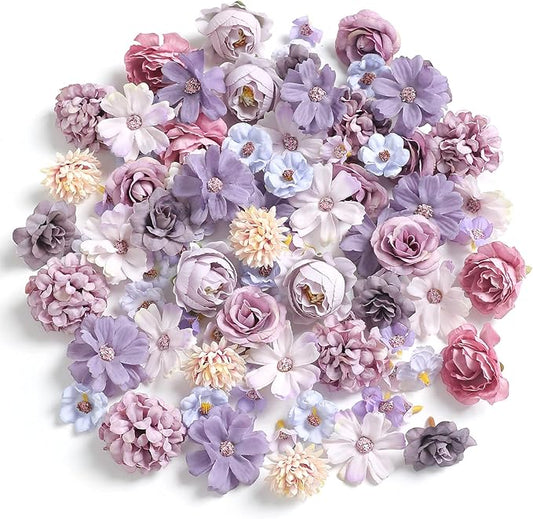 Faux Flower Heads Small Silk Artificial Flower DIY Fake Mini Flowers Rose Daisy Multicolor Flowers Craft Supplies for Wedding Party Wreath Graduation Season Party Home Decor (125, Purple)