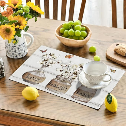 Cotton Flower Placemats Set of 6 Farmhouse Floral Table Mats Washable Place mats for Home Party Indoor Kitchen Dining Table Linen Decoration 12x18 Inch