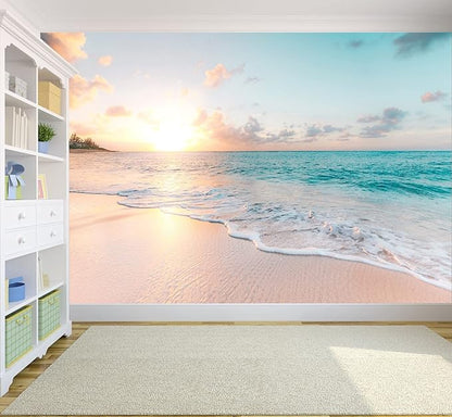 Sunset Wall Murals Romantic Beach Photo Mural Wallpaper Wall Decor Print for Living Room Bedroom Dining Room（Not Peel and Stick）