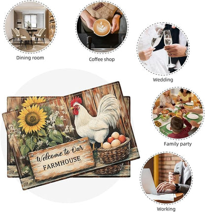 Farmhouse Rooster Placemats Set of 6, Rustic Chicken Place Mats, Country Sunflower Dining Table Mats, Washable Placemats for Kitchen Dining Room Home Decor 18L'' × 12W''