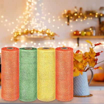 Chuangdi 4 Rolls Fall Poly Burlap Mesh Poly Burlap Deco Ribbon Mesh Roll for Autumn Thanksgiving Easter DIY Flower Wreath Garland, 10 Inch