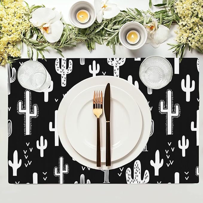 Retro Cactus Placemats Set of 4,Black and White Placemats Dining Table Mat Set,12x18 Washable Stain Resistant Wipeable Cloth Placemat for Kitchen Buffet Parties