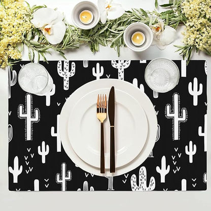 Retro Cactus Placemats Set of 4,Black and White Placemats Dining Table Mat Set,12x18 Washable Stain Resistant Wipeable Cloth Placemat for Kitchen Buffet Parties