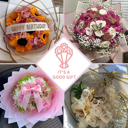 52Pcs Flower Bouquet Wrapping Paper Accessories Kit, 20 Sheets White Waterproof Floral Wrapping Paper, 12 Gold 12 Pink Butterflies, 5 Cards, 1 White Ribbon, 1 Letter 1 Rhinestone Sticker (White Edge)