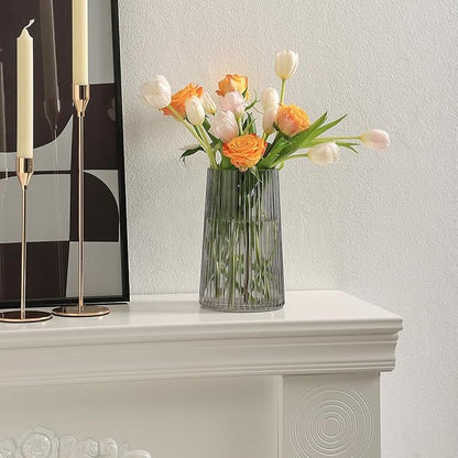 Black Glass Vase for Flower, Flower Vase for Bouquet, Modern Glass Vases, Ribbed Vases for Living Room, Bedroom, Dining Table, Office, Wedding, Centerpieces, 8 Inches