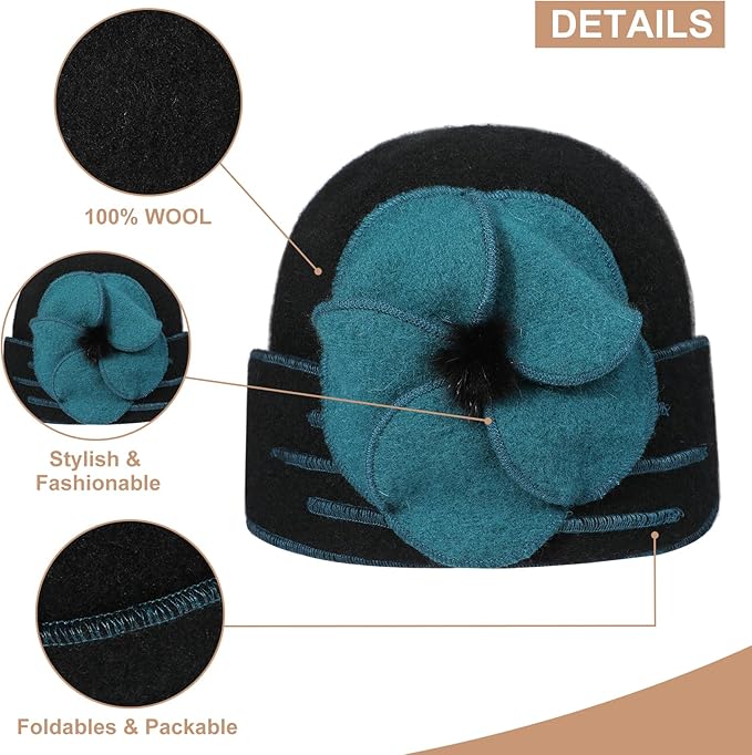 Sumolux Beanie Hats for Women Wool Skull Cap Beret Floral Cuffed French Vintage Dress Cloche Classic Winter 1920s