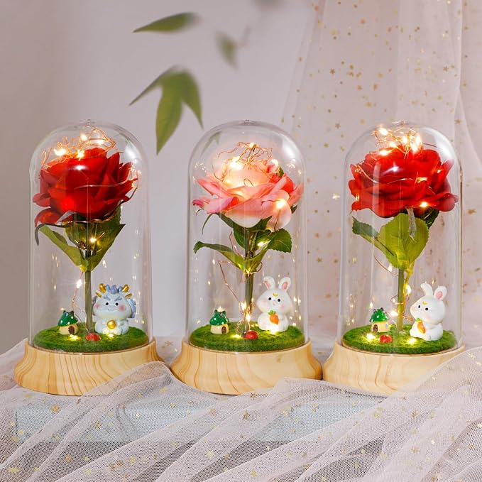 Levvohd Red Roses from Daughter for Mom Mothers Day, Beauty and The Beast Rose, with LED Light Up Plastic Rose in Dome, for Wife Grandma Christmas Day Valentine Day Birthday for Her Gift (Rabbit)
