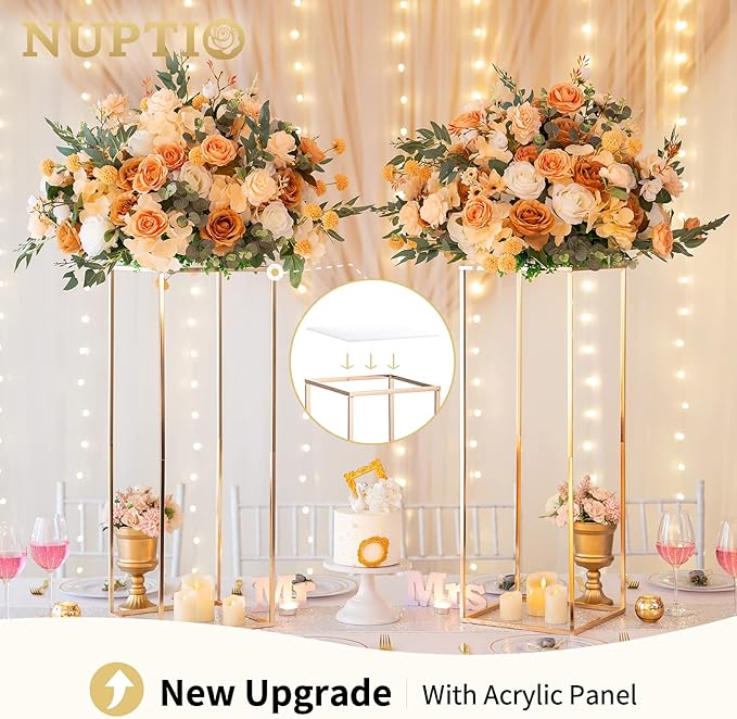 Nuptio Gold Vases for Centerpieces Wedding with Acrylic Panel - 2 Pcs 31.5 inch Tall Metal Flower Vase Flowers Stand - Elegant Bulk Weddings Decoration Table Geometric Centerpiece for Party Tables