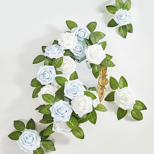 Artificial Flowers, 25pcs Baby Blue Artificial Rose for DIY Wedding Bouquets Centerpieces Arrangements, Fake Flower with Stems for Party Home Decorations
