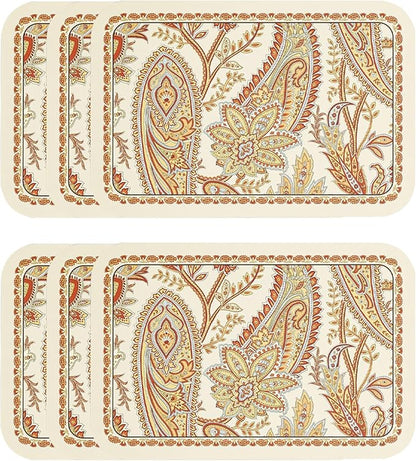 ISAENNE Designer Paisley PVC Placemats Set of 6,Classic Pattern Yelllow Rectangular Placemat, Waterproof and Heat-Resistant Paisley Style, Decoration for Kitchen, Party,Dinning,New Year,12"*17"