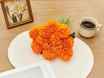 SITUMEIZI 12 Pcs Orange Artificial Chrysanthemums Flowers Ball Flower Fake Mums Silk for Fall Decor Halloween Thanksgiving Day Wedding Home Kitchen Decoration Floral Arrangement