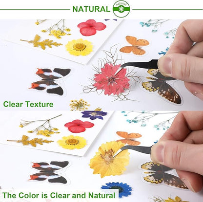 Augshy Real Dried Pressed Flower Set with Butterfly Transparent Stickers Scrapbook Decals Natural Dried Flowers Leaves with Tweezers for Resin Supplies DIY Candle Jewellery Making