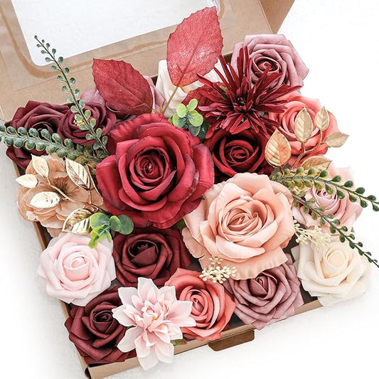Artificial Flower Box Set Silk Fake Flowers DIY Center Cake Decoration Wedding Bouquet Corsage Home Decor Outdoor Decor Gift (Cream red)