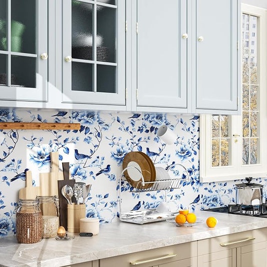 Blue Floral Wallpaper Peel and Stick Vintage Bird Leaf Contact Paper Self Adhesive Removable Modern Wall Mural Boho Wall Paper for Room Walls Cabinet Kitchen Decor 17.5in x9.8ft