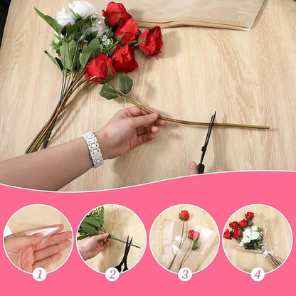 Exclaith 100 Pcs Flower Bouquet Wrapping Paper, Paper Clear Flower Sleeves Bulk Flowers Bags with Ribbons for Bouquets, for Florist Supplies, Mother's Day, Valentine's Day, Graduation, 15.7x13.8 Inch
