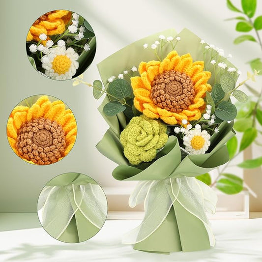 Handmade Crochet Sunflowers Rose Daisy as a Gift for Lover, Family,Friends. Crochet Bouquet, Crocheted Yarn Flowers, Artificial Flower Finished Bouquet (Yellow&Brown)