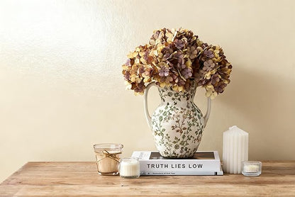 Green and Beige Farmhouse Vintage Vase with 2 Handles, Chinoiserie Floral Vase, Rustic Ceramic Vases for Home Decor, Wedding, Living Room, Table, Shelf Decor - 8.3 Inch Tall