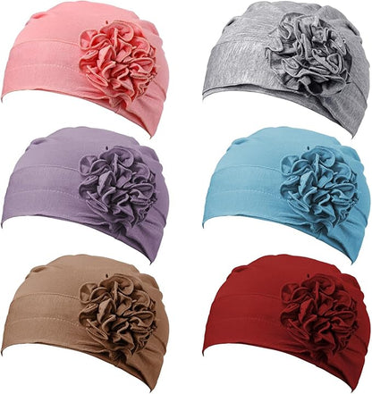 JenPen 6 Pcs Chemo Headwear for Women Stretchy Soft Turbans for Cancer Solid Beanie Flower Chemo Caps for Hair Loss