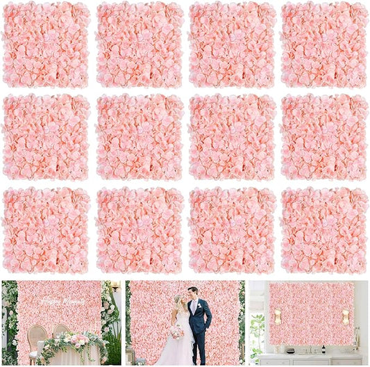Flower Wall Panel Wedding Backdrop: 12 Pcs Artificial Flower Wall Backdrop 3D Silk Hydrangea Floral Wall for Bridal Shower Party Birthday Decoration (Blush, 15 x 15 Inch)