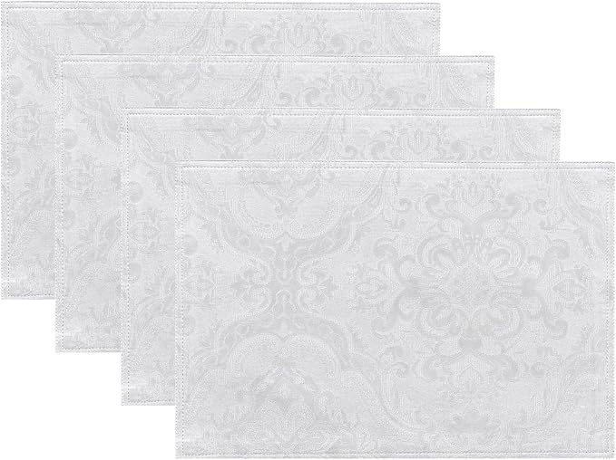 Elrene Home Fashions Caiden Elegance Damask Waterproof, Stain & Wrinkle Resistant Fabric Placemats (Set of 4), 13" x 19", White