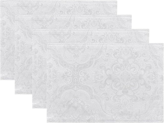 Elrene Home Fashions Caiden Elegance Damask Waterproof, Stain & Wrinkle Resistant Fabric Placemats (Set of 4), 13" x 19", White