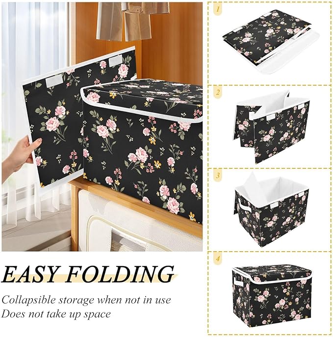 Flower Baskets Collapsible Storage Bins with Lids, Purple Green Rose Flower Storage Boxes Clothes Baskets for Organizing