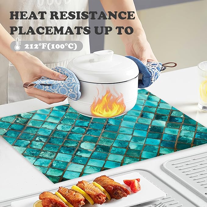 Placemats Set of 4 Square Glass Mosaic Place Mats Washable Table Dinner Mats Linen Table Mats for Kitchen Dining Party Home Kitchen Decor 12x18 Inch