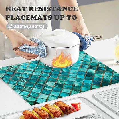 Placemats Set of 4 Square Glass Mosaic Place Mats Washable Table Dinner Mats Linen Table Mats for Kitchen Dining Party Home Kitchen Decor 12x18 Inch
